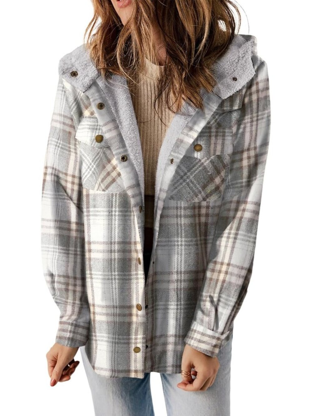 🆕Women's Grey Plaid Jacket Warm Fleece Hooded Jackets Winter Coats Casual
